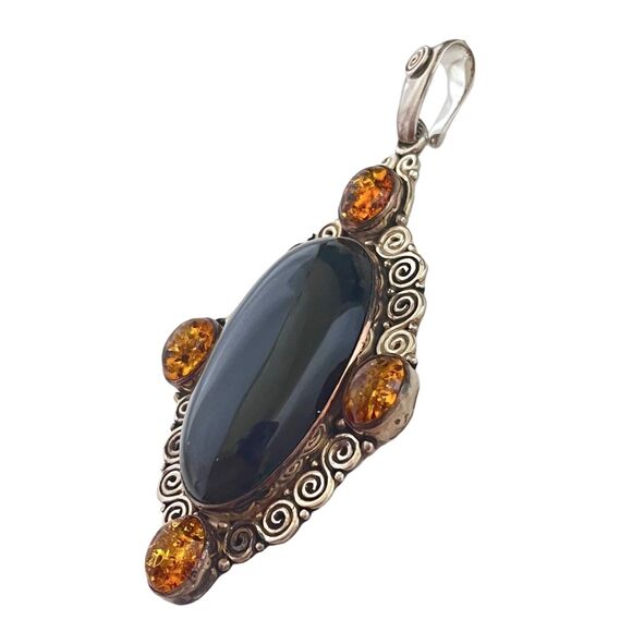 Sajen Pendant 3.5" Sterling Silver Black Eye Rainbow Obsidian Topaz Gemstone Vtg - Picture 2 of 7